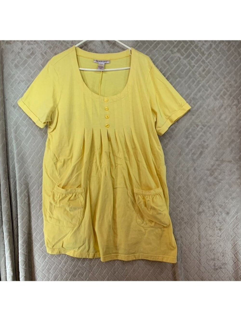 Roamans House Dress Size 1X Yellow Pleated Button Accents Pockets Relaxed Fit